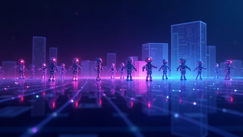 Stream of small robot agents flowing toward the most structured site