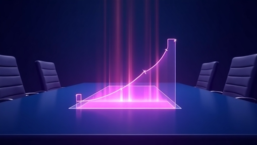 Boardroom table with a rising curve hologram, decision makers reviewing B2B SEO pipeline growth