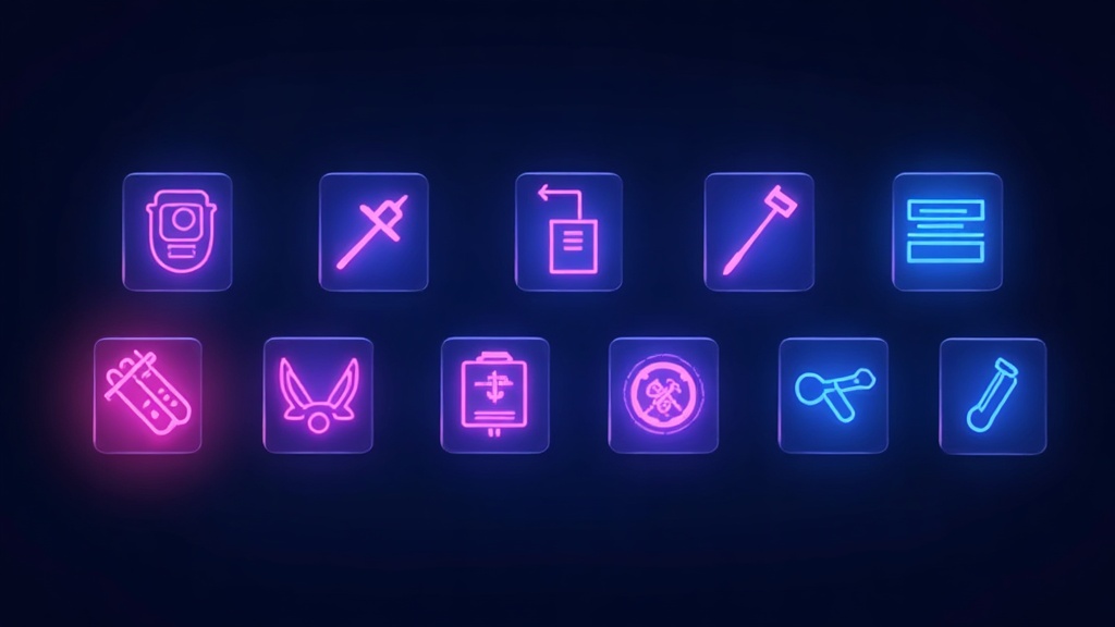 Utility belt of minimal SEO tool icons for keyword research, crawling and reporting