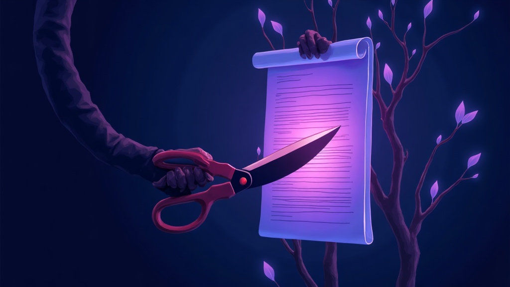shears trimming faded pages from a glowing content tree