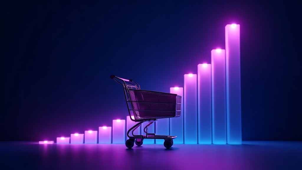 Shopping cart with a rising organic growth curve, showing ecommerce SEO turning rankings into revenue