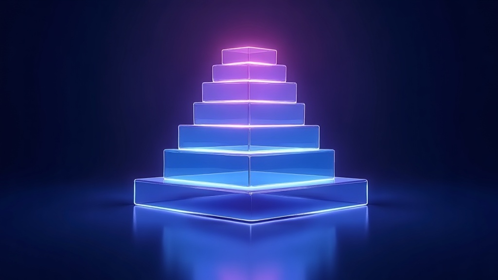 Stacked glass platforms ascending with light flowing upward, symbolising enterprise SEO growth