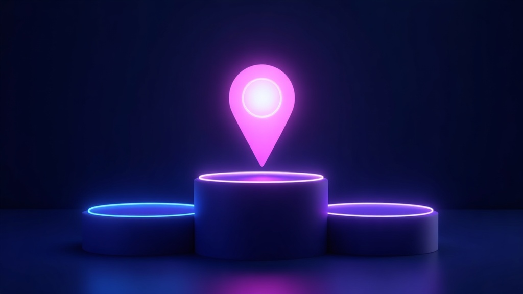 Podium of three map pins with the centre one glowing brightest