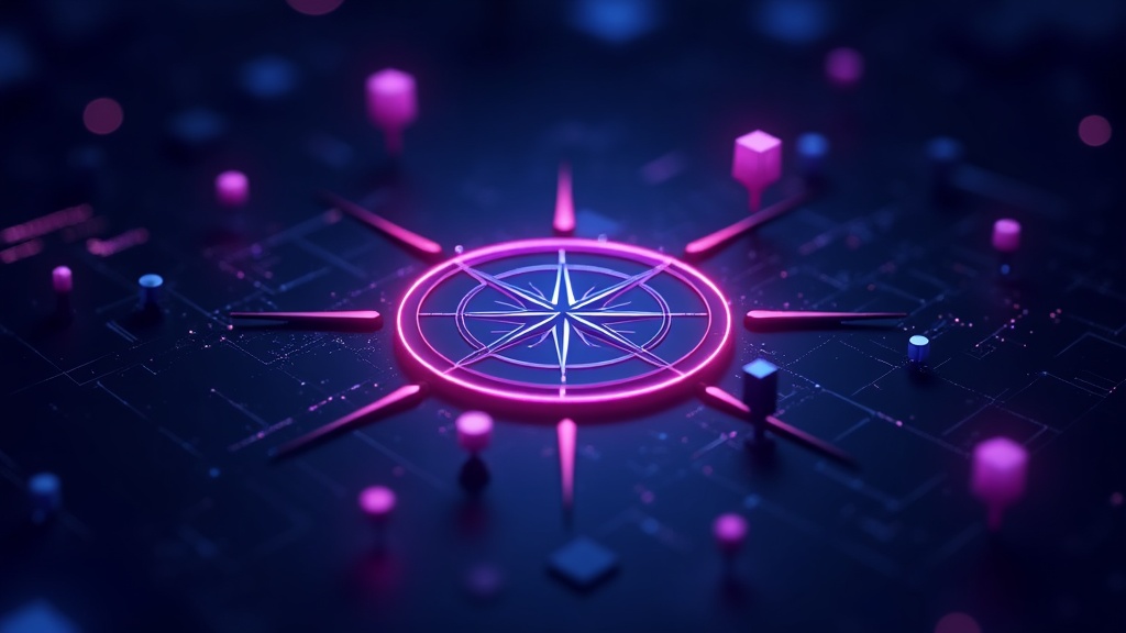 Compass rose surrounded by review stars and pins