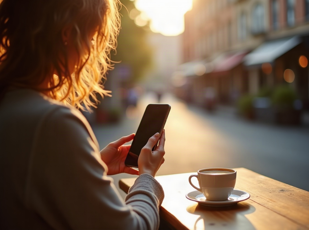A woman reading on her phone at a cafe, the audience Google Preferred Sources helps you keep