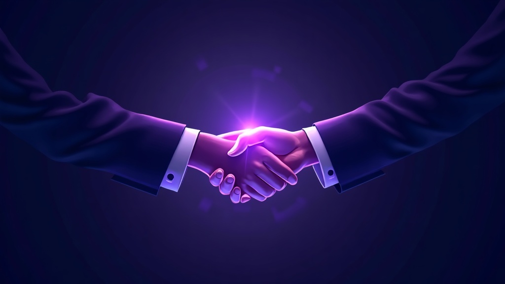 handshake of light over two website cards exchanging an article