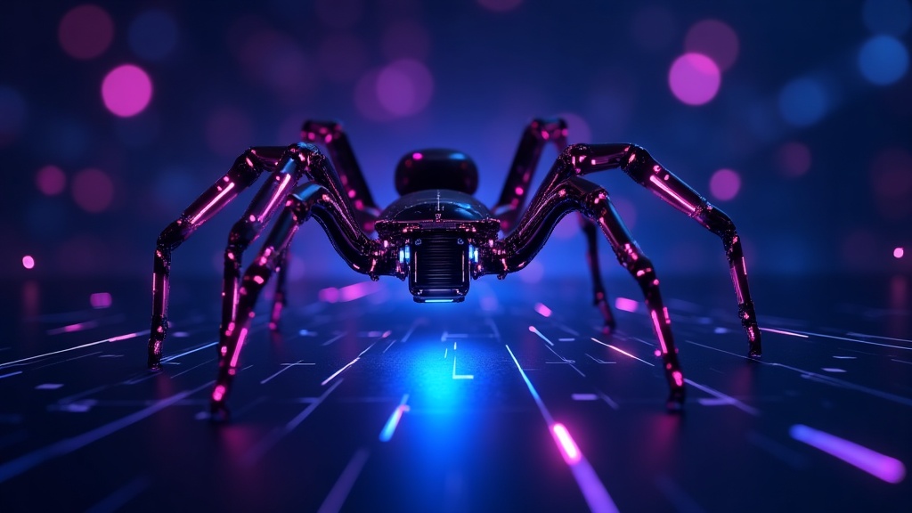 Spider bot walking a glowing web of page threads while crawling a website