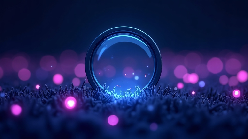 Magnifier hovering over a field of glowing seed orbs with some shining brighter, showing seed keywords worth expanding