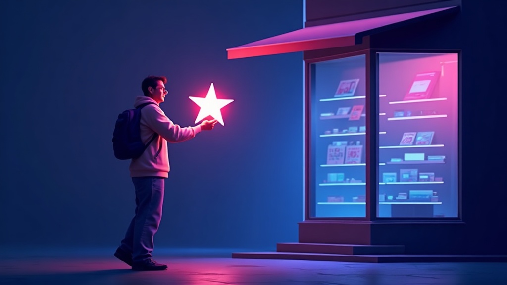 customer figure handing a glowing star to a shopfront