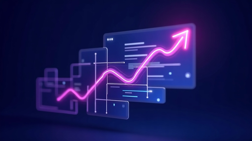 Upward arrow weaving through Google search result cards as rankings improve