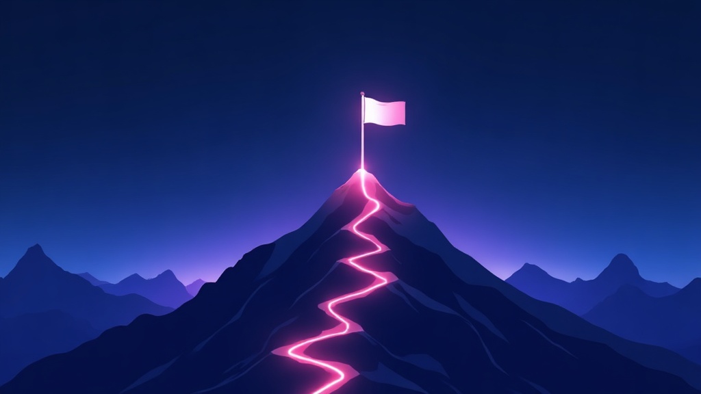 Mountain peak with a flag and a climbing light trail representing the top of Google