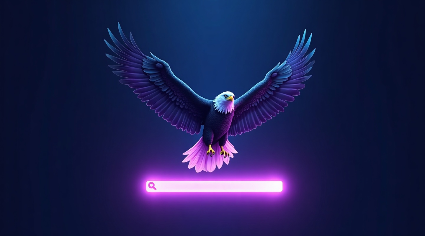 An eagle rising above a search bar with an ultraviolet glow
