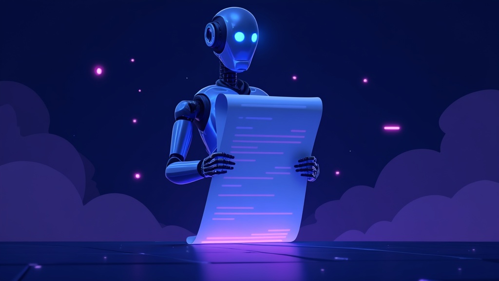 Robot reading a scroll of rules at a fork between two paths