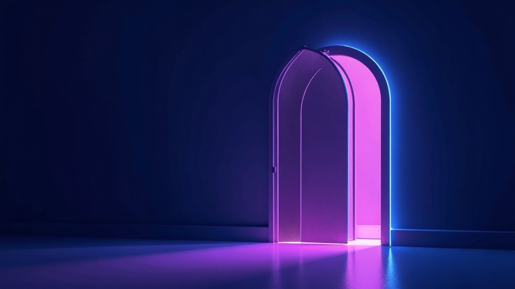 Two doorways shaped like a magnifying glass and a link chain, the search and address bar paths into a website