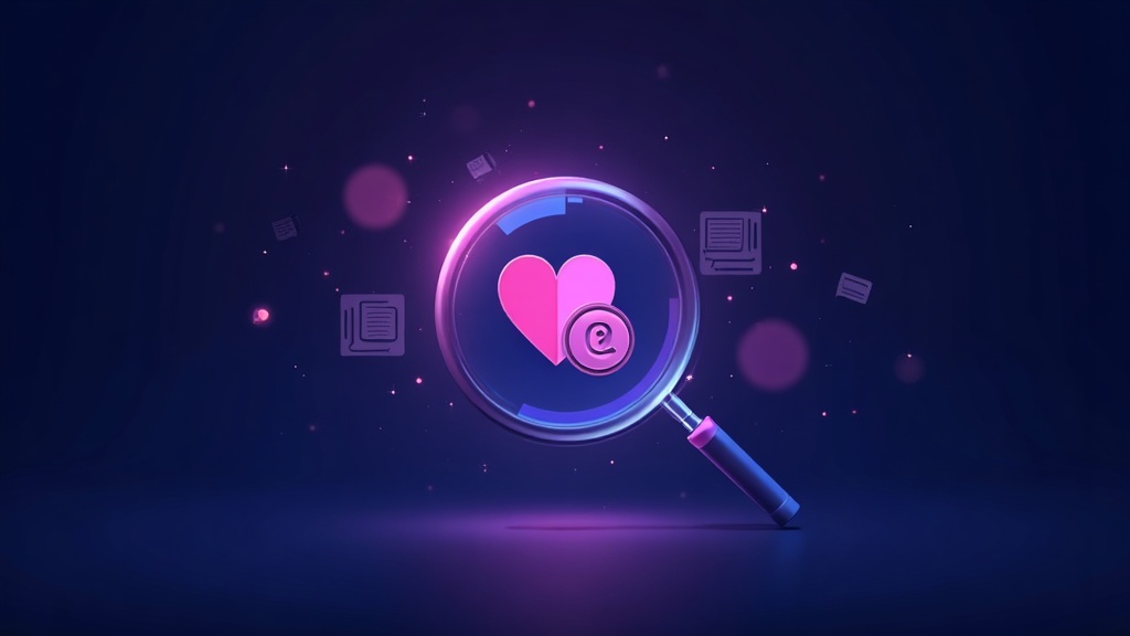 Magnifier revealing heart, coin and book icons inside a search orb, symbolising the different wants behind search intent
