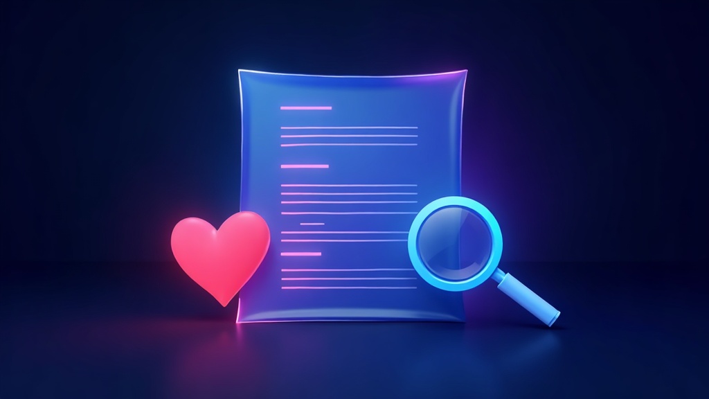 Document beside a heart and a magnifying glass icon, showing SEO copy that readers and search engines both love