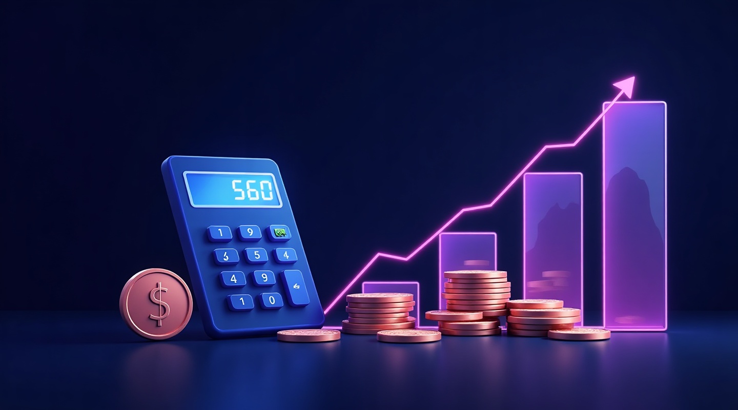 Coins, a calculator and a rising graph representing SEO cost