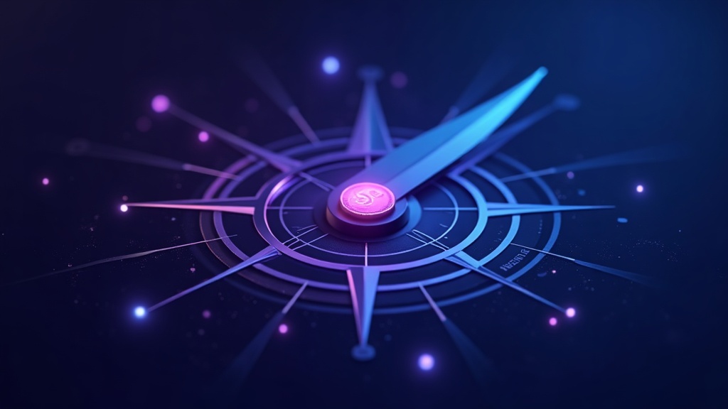 compass needle pointing at a coin symbol among spark icons