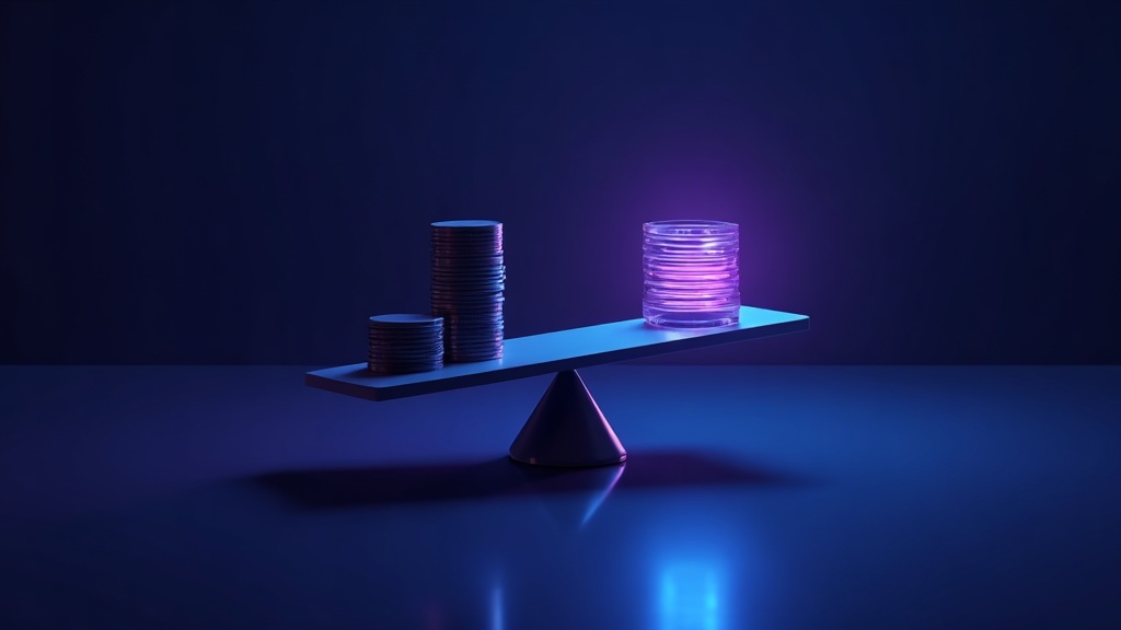 balance scale weighing a small coin stack against a large light harvest