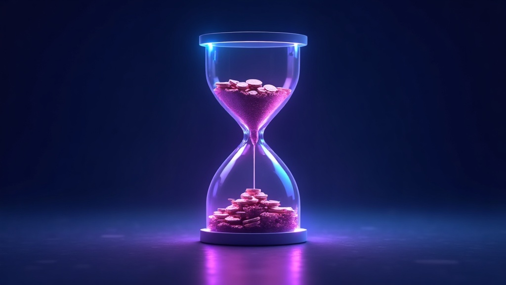 hourglass with coins accumulating in the lower half