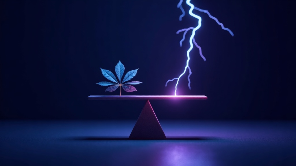 Balance scale weighing a leaf against a lightning bolt, weighing SEO against paid search