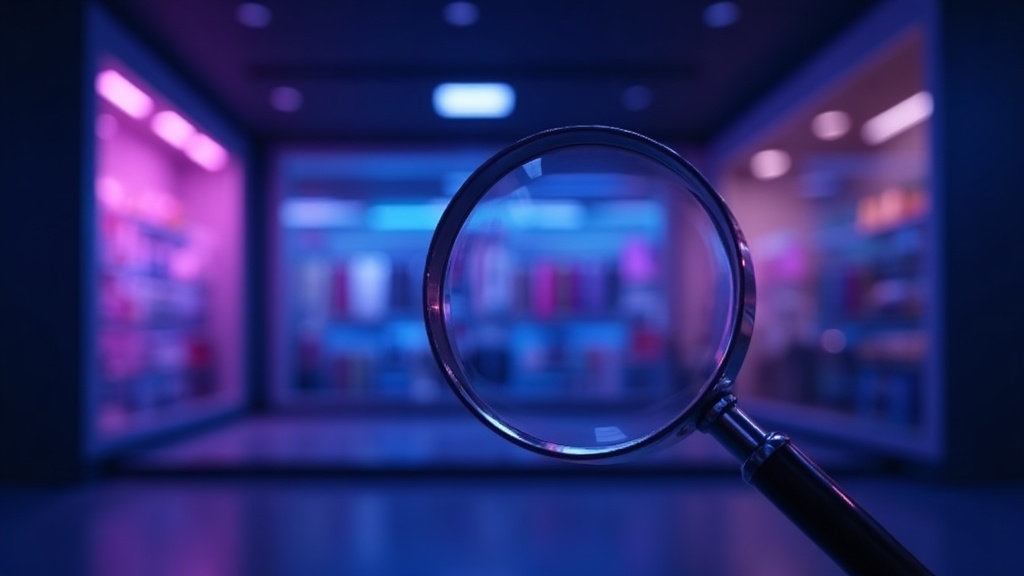 Online store window with a magnifier hovering over it, representing a Shopify SEO review of a storefront