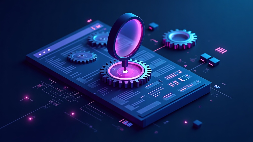Gears and a magnifying glass working over a website skeleton