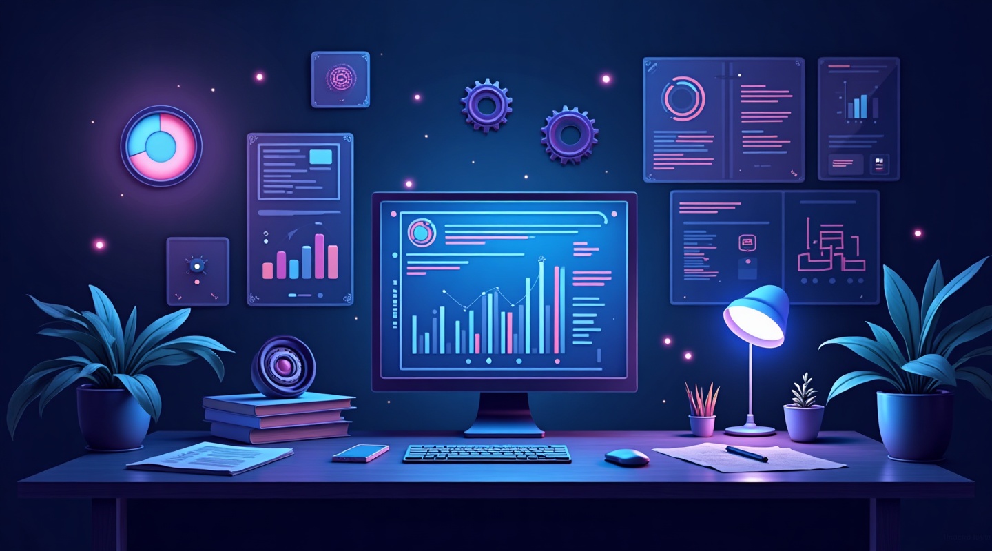 A workbench of monthly SEO tasks with charts, checklists and gears