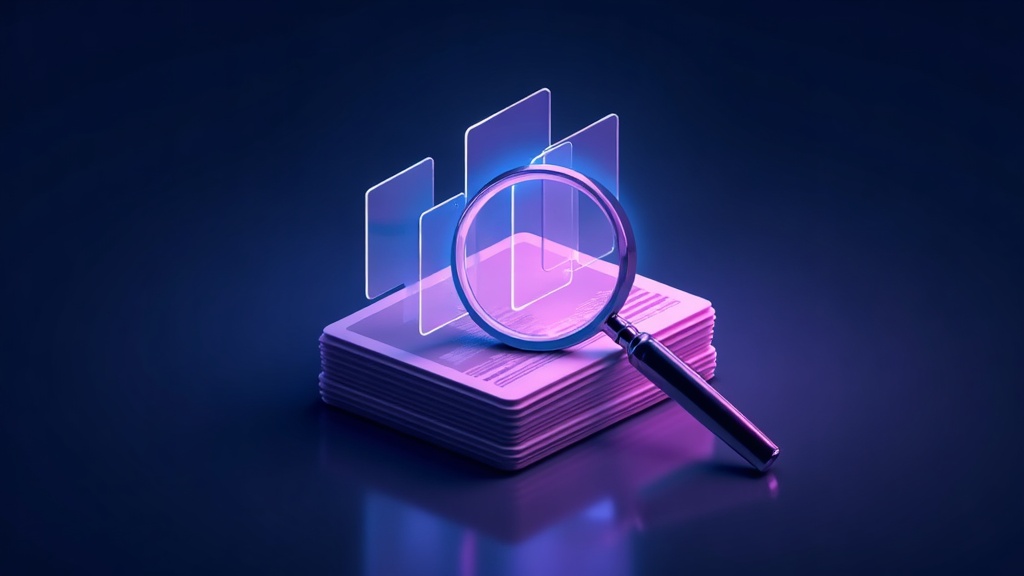 Magnifying glass inspecting indexed website page cards