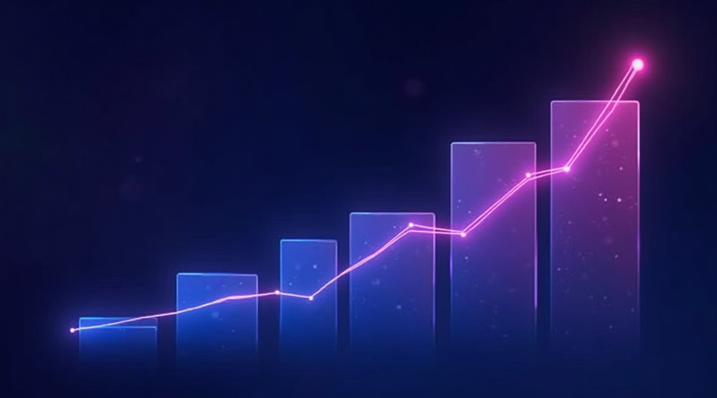 An abstract analytics dashboard with a rising search performance curve