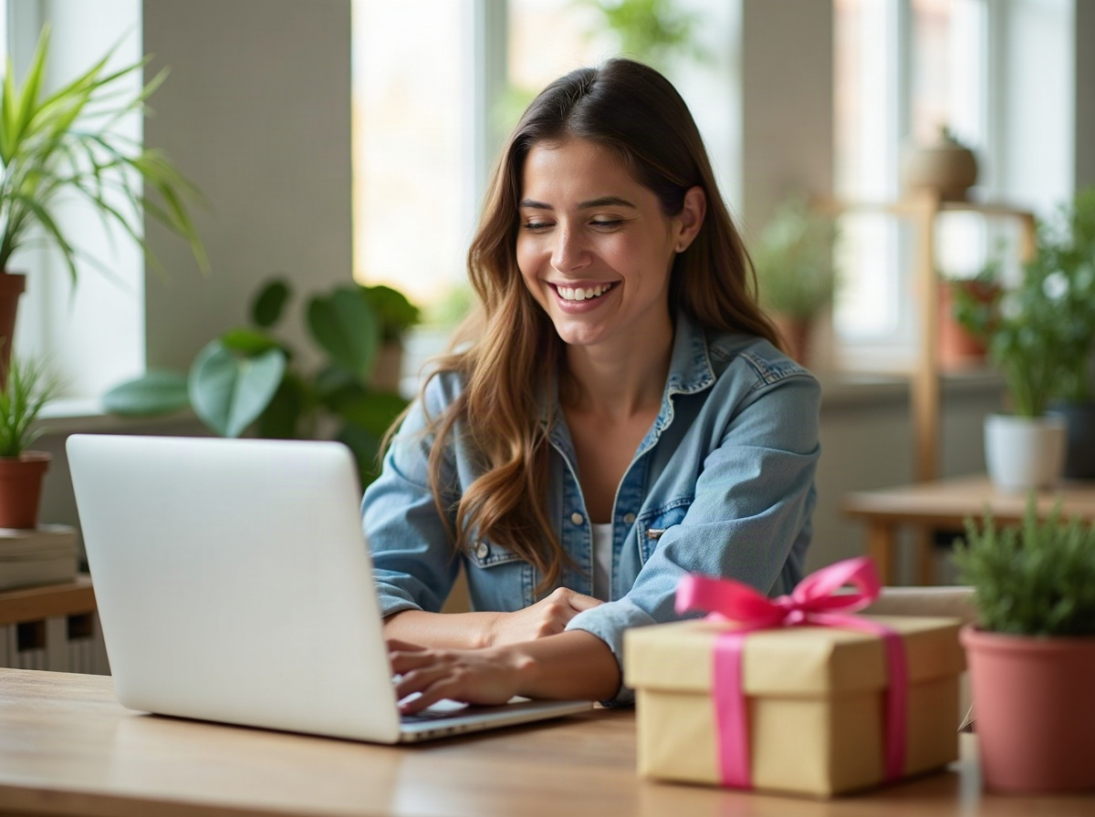 A happy online store owner packing orders after winning more free Google Shopping traffic